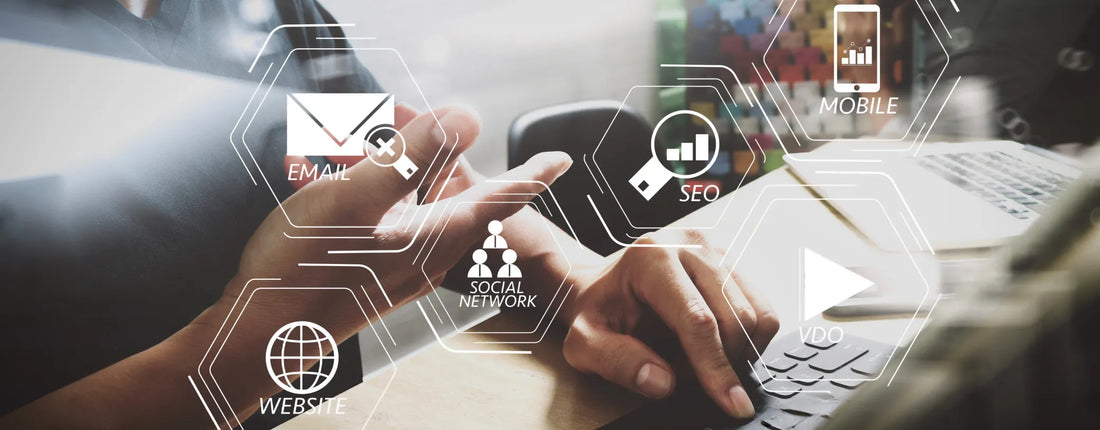 an image of someone using a computer with symbols of different digital marketing elements overlayed on top reposted by Pixel Profiles